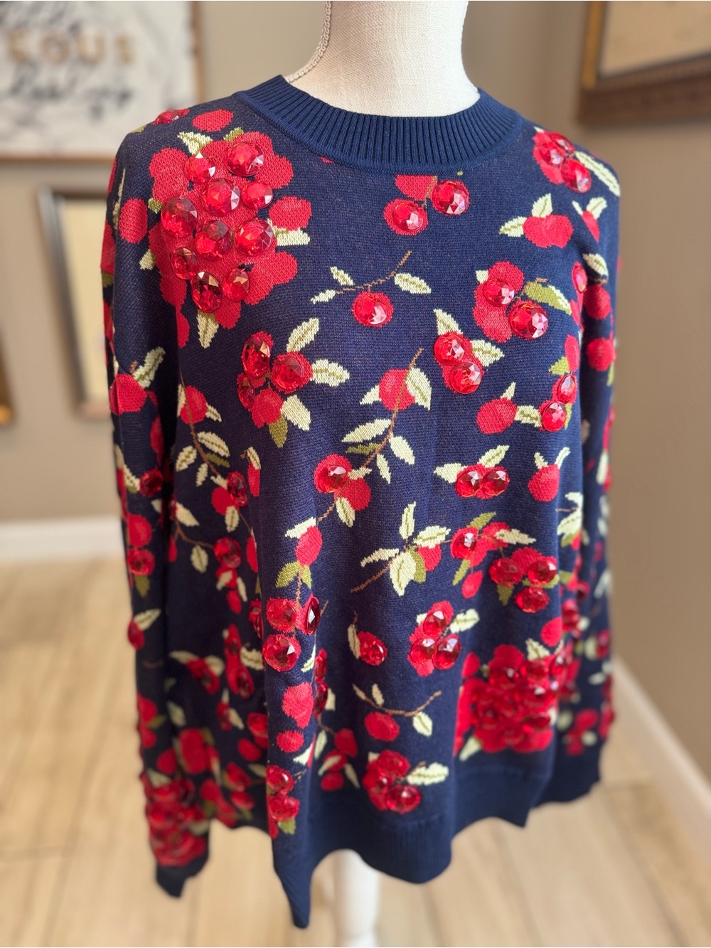New! QUEEN OF SPARKLES Navy Red Rhinestone Cranberries Sweater